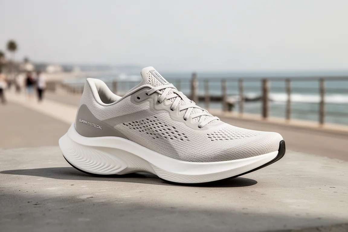 Saucony Endorphin Elite racing shoe on concrete with coastal backdrop