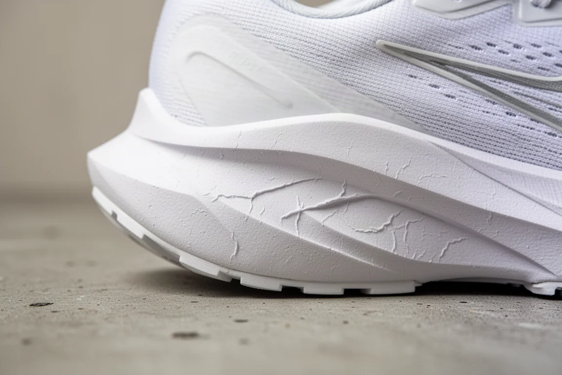 Close-up of thick white midsole foam on a road running shoe showing fine creasing