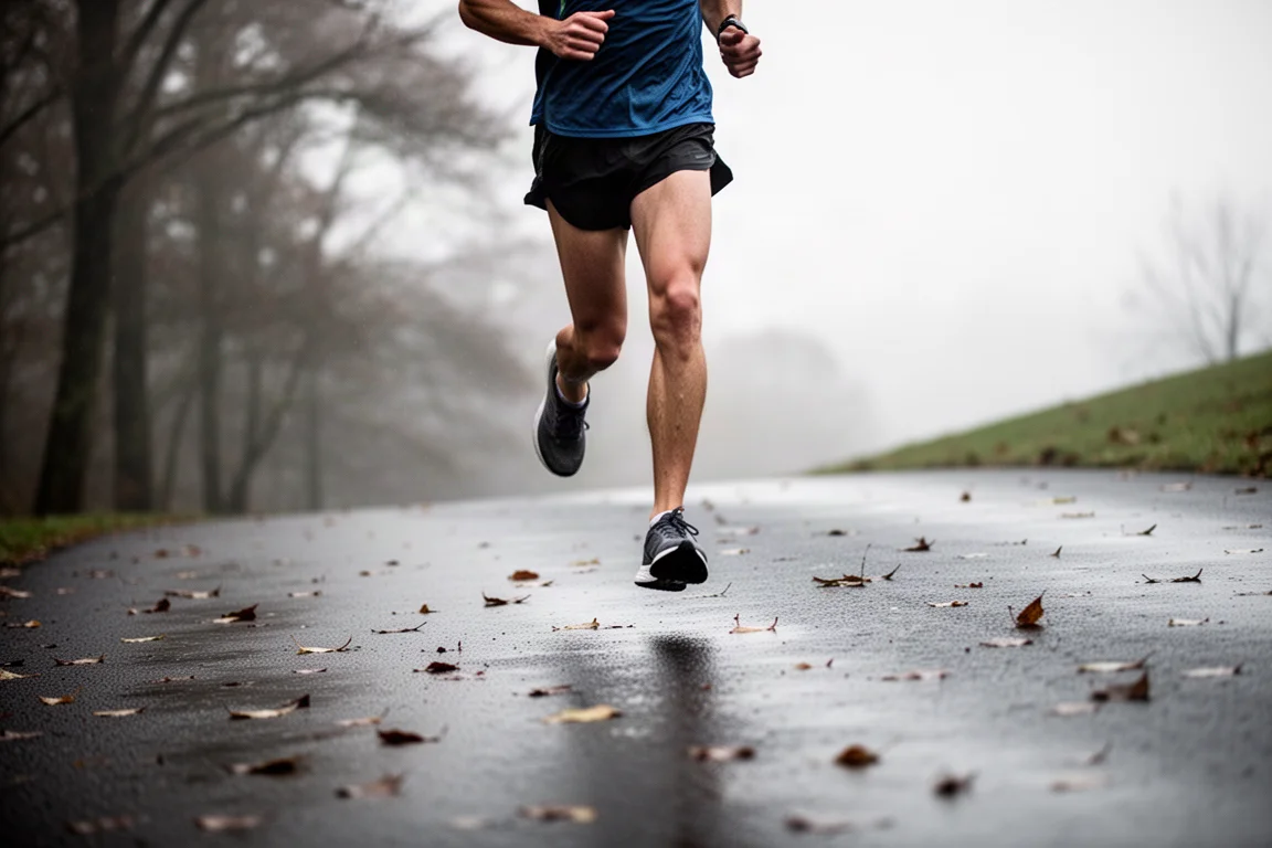Runner descending a smooth paved hill at speed under cool overcast light