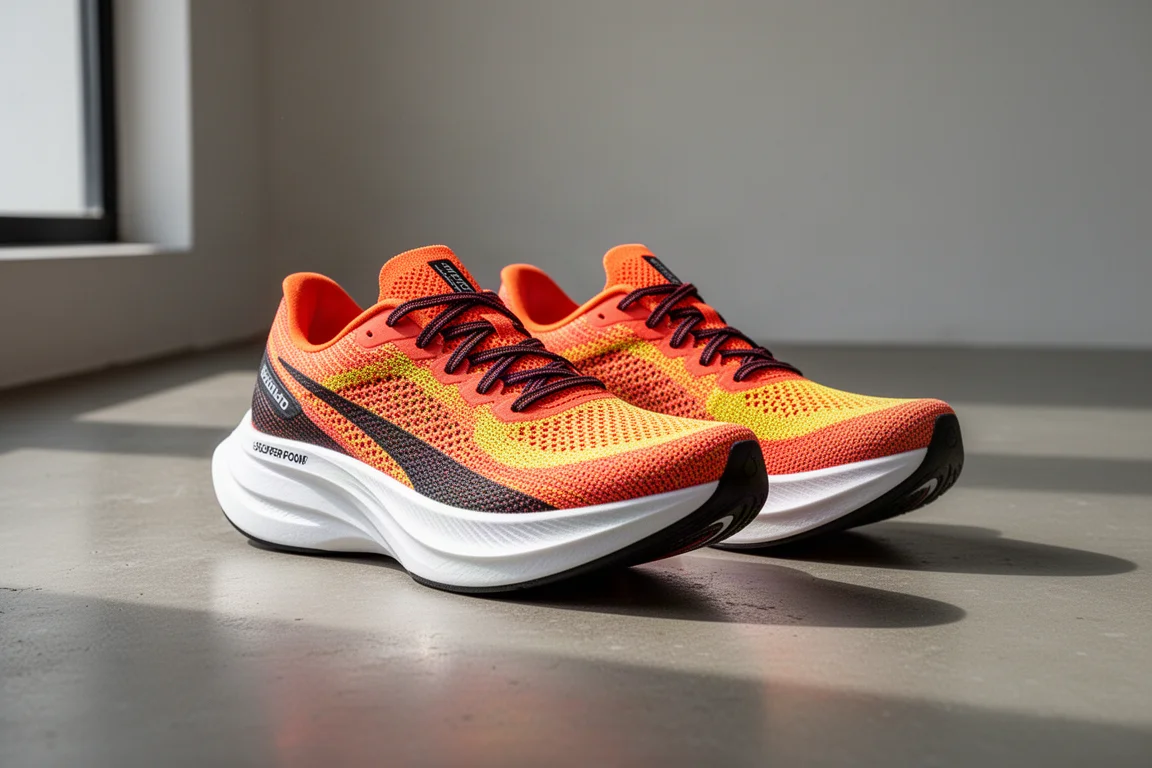 Pair of carbon-plated road running shoes on a matte concrete floor