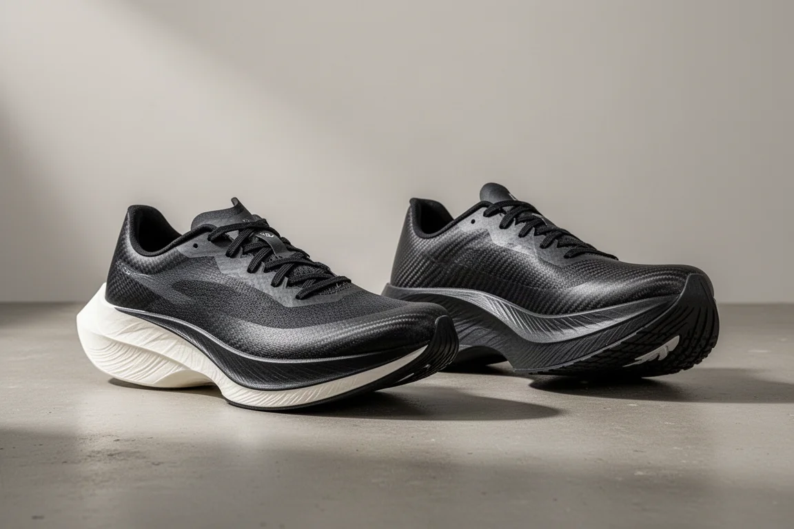 Two carbon racing shoes side by side on a concrete surface