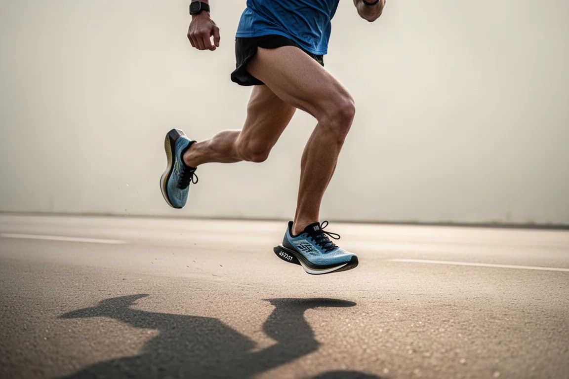 Runner che corre su strada a ritmo di gara con scarpe leggere da competizione