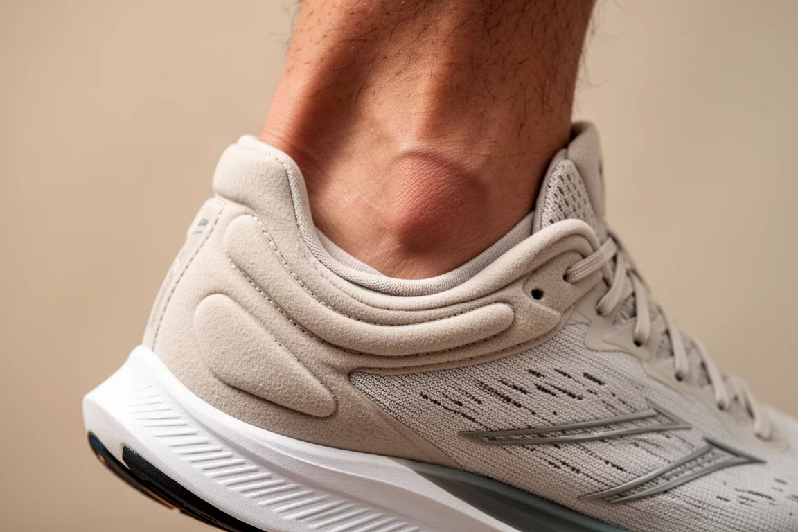 Dettaglio del piede di un runner bloccato nel colletto del tallone di una scarpa da gara