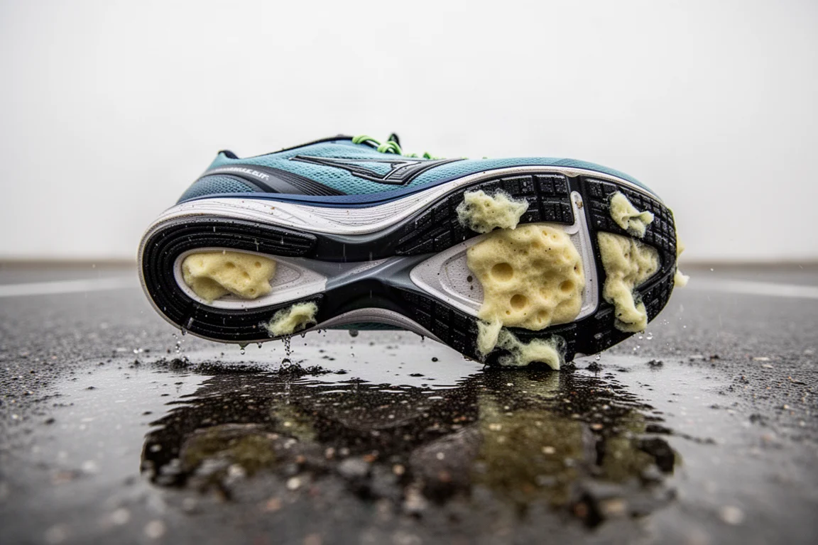 Scarpe da gara con intersuola in schiuma a vista che aderiscono su una strada bagnata