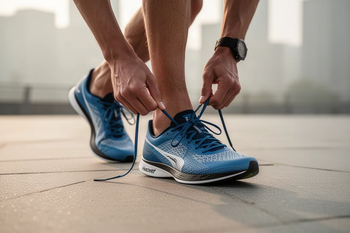 Un coureur attache ses chaussures de course à plaque carbone sur un trottoir en ville avant un entraînement