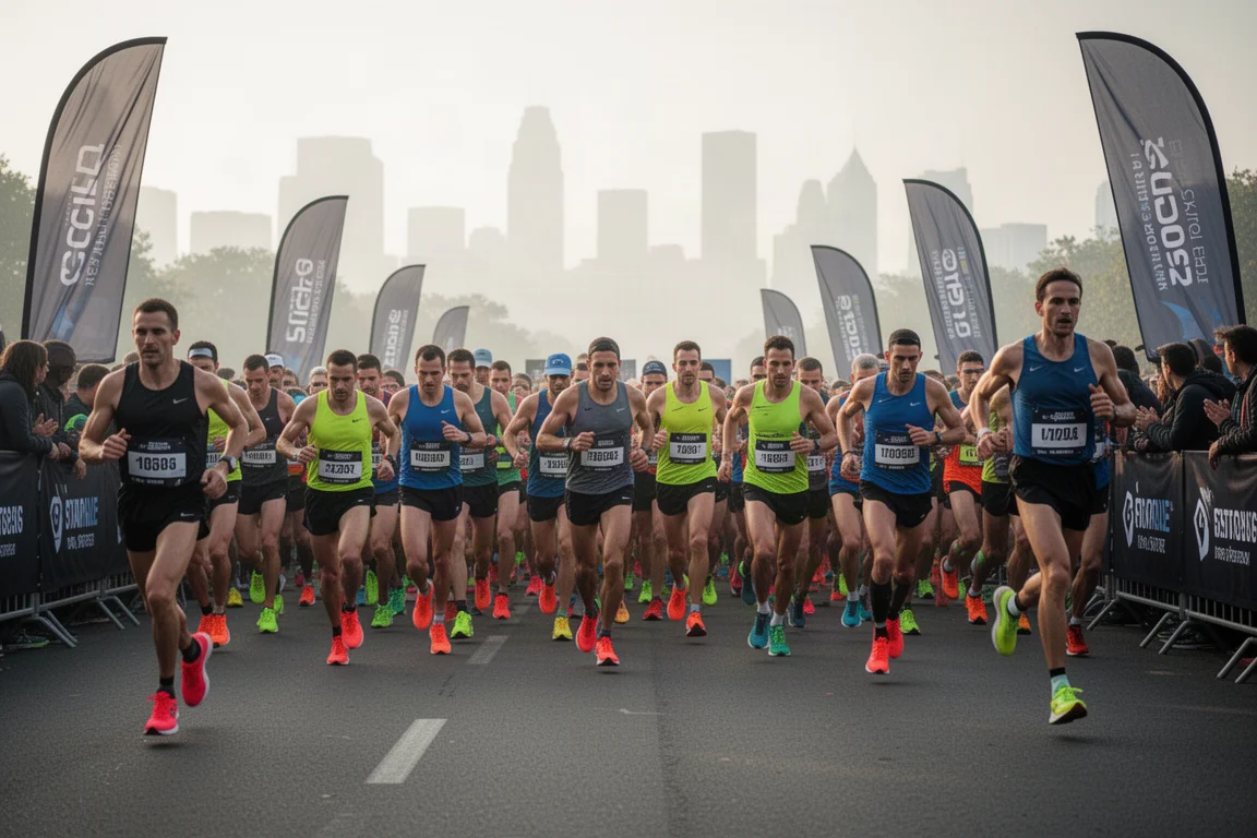 Des coureurs se rassemblent sur la ligne de départ d'un marathon au petit matin