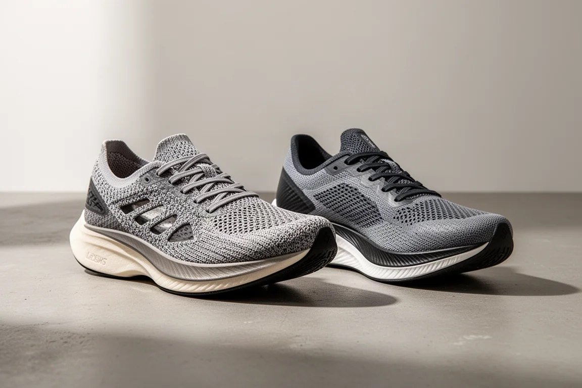 Saucony Endorphin Elite and Nike Vaporfly Next% 2 racing shoes side by side on concrete