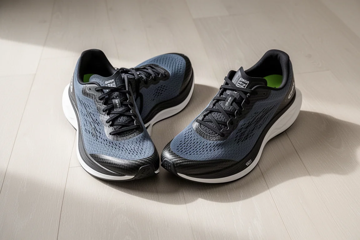 Runner in a race-day racing shoe running fast on open road