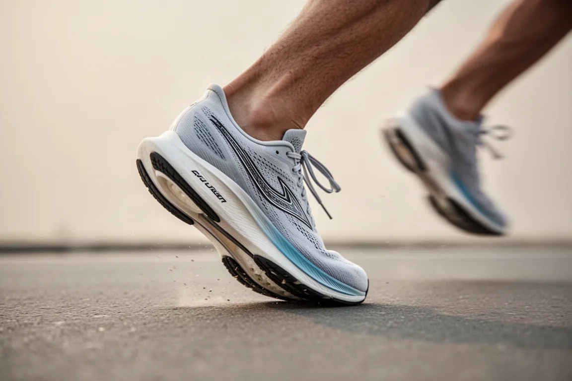Primo piano dell'avampiede di un corridore che si spinge su un asfalto liscio con una scarpa da gara
