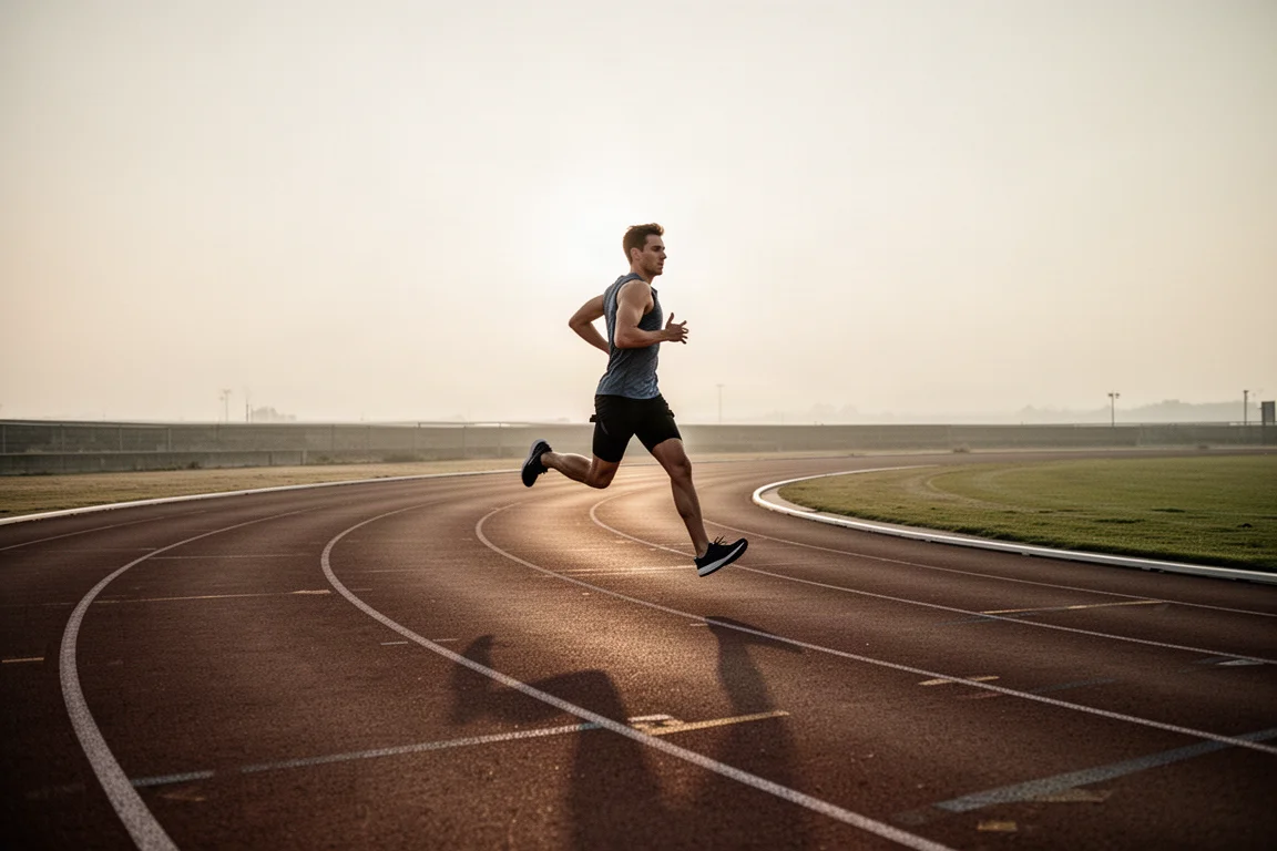 Un corridore completa gli intervalli su una pista di atletica all'aperto all'alba