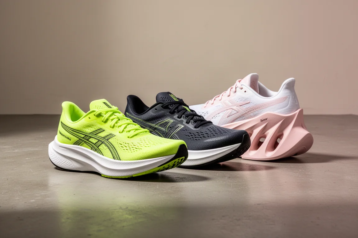Three carbon plate marathon racing shoes arranged on a concrete studio floor