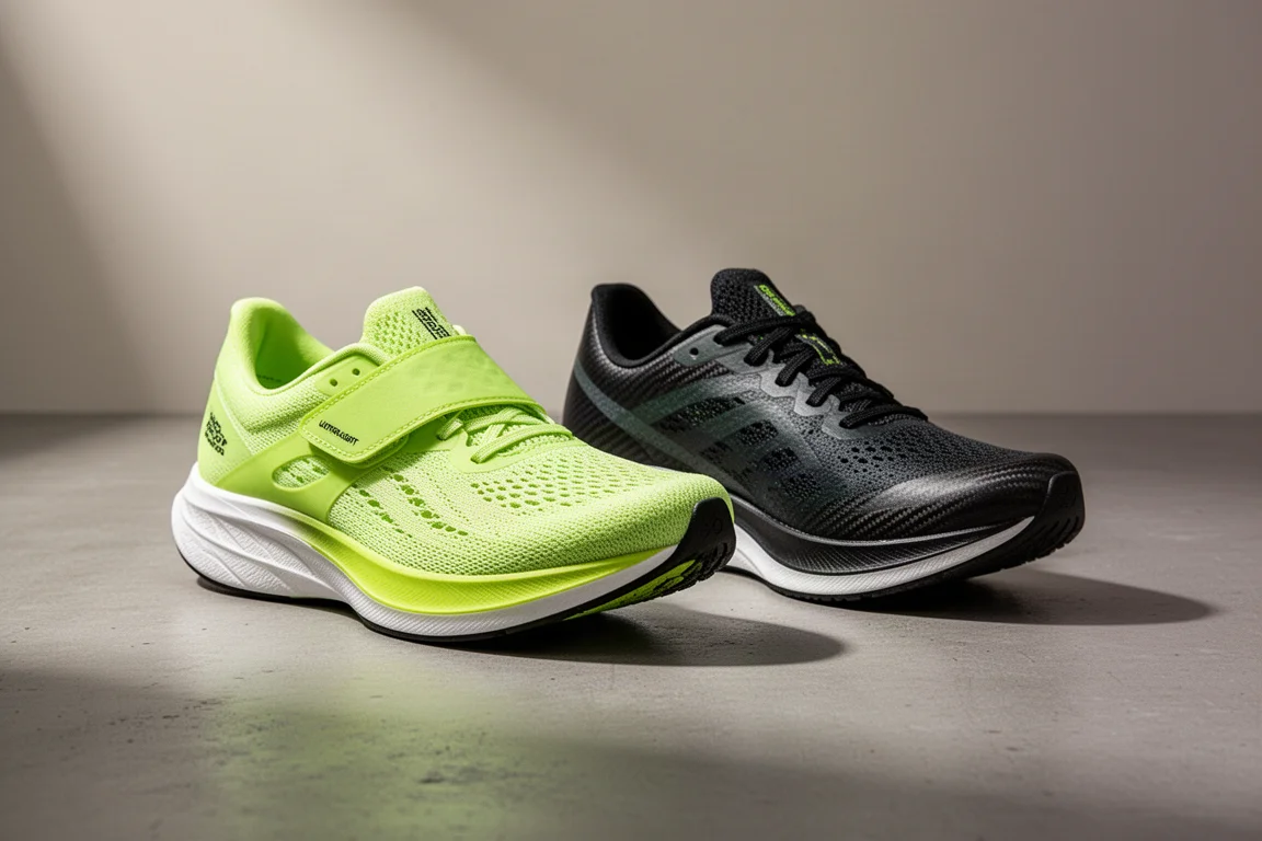 Two carbon-plated racing shoes side by side on a concrete surface