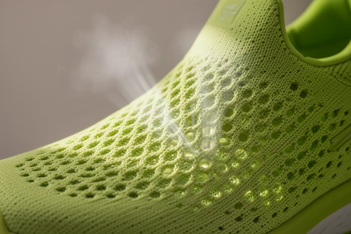 Gros plan sur une tige en maille respirante d'une chaussure de running avec un flux d'air la traversant