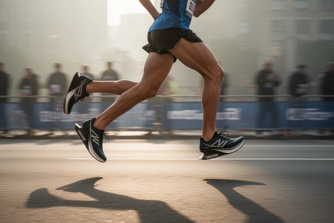 Coureur accélérant sur un parcours de course avec des chaussures à plaque carbone