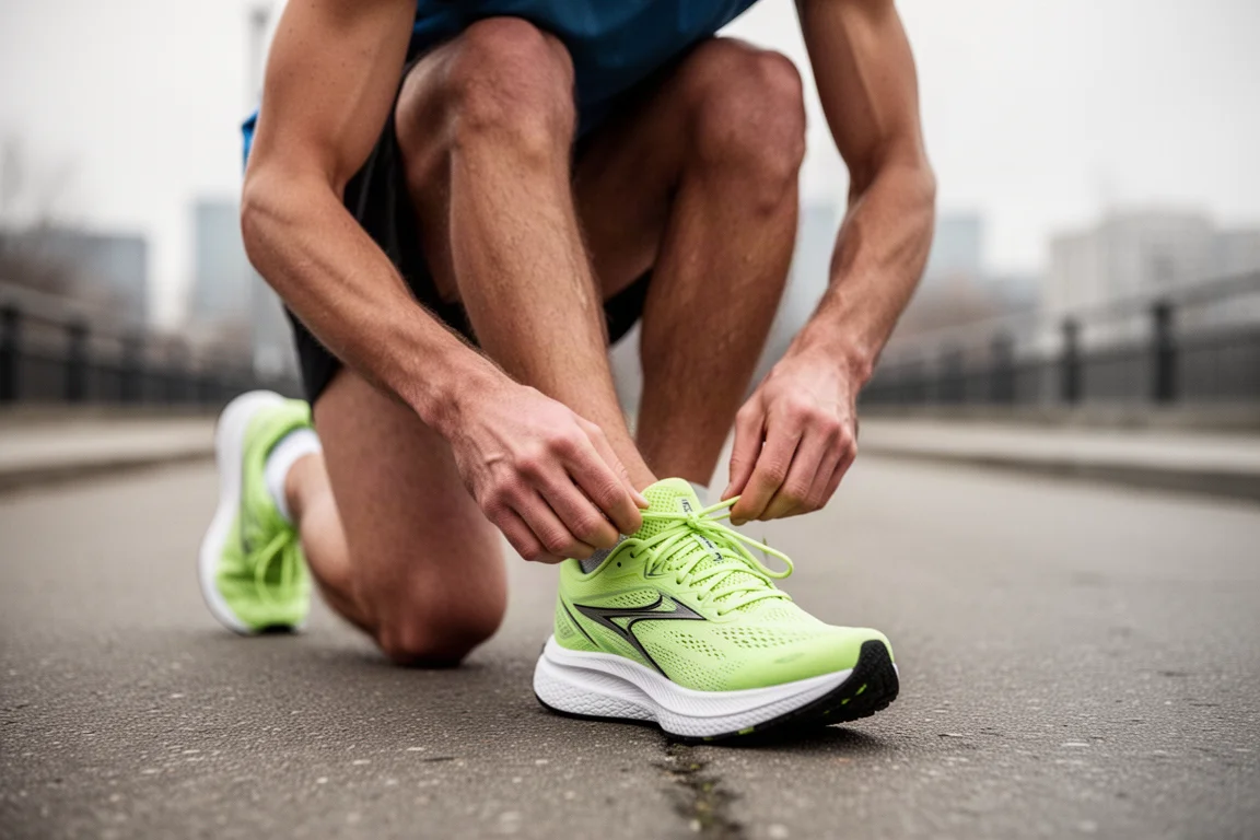 Coureur s'arrêtant en pleine course pour ajuster le laçage de sa chaussure de compétition