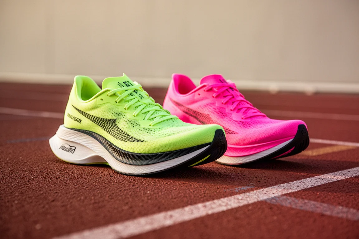 Deux chaussures de running côte à côte sur une piste pour comparaison