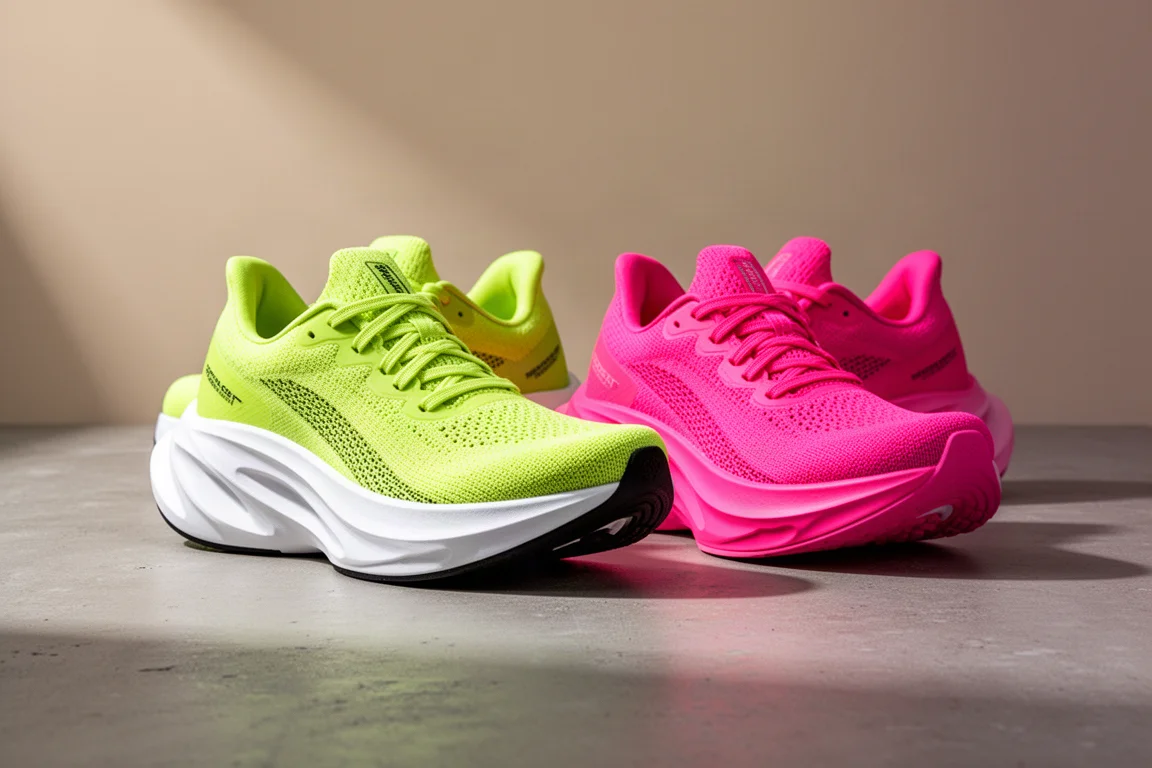Saucony Endorphin Elite w limonkowym kolorze i Endorphin Pro w różowym, obok siebie