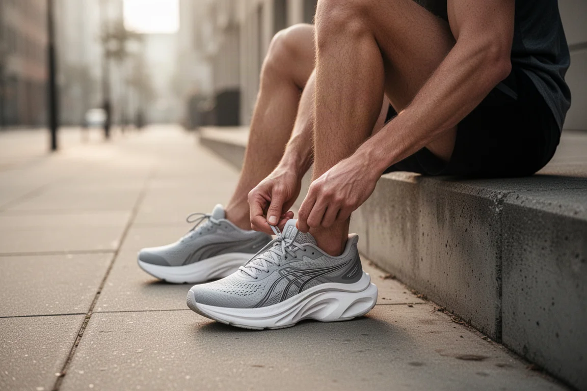 Un corridore stringe i lacci di una scarpa da gara leggera prima di un allenamento