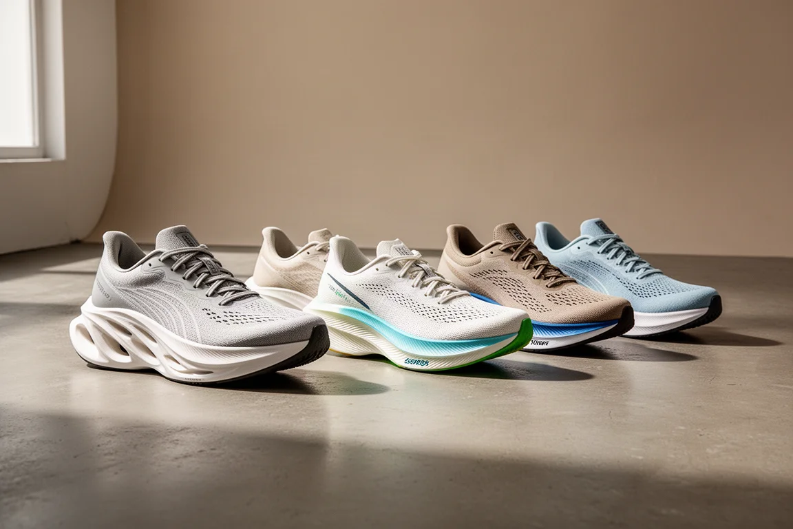 Four Saucony running shoes lined up on a concrete surface