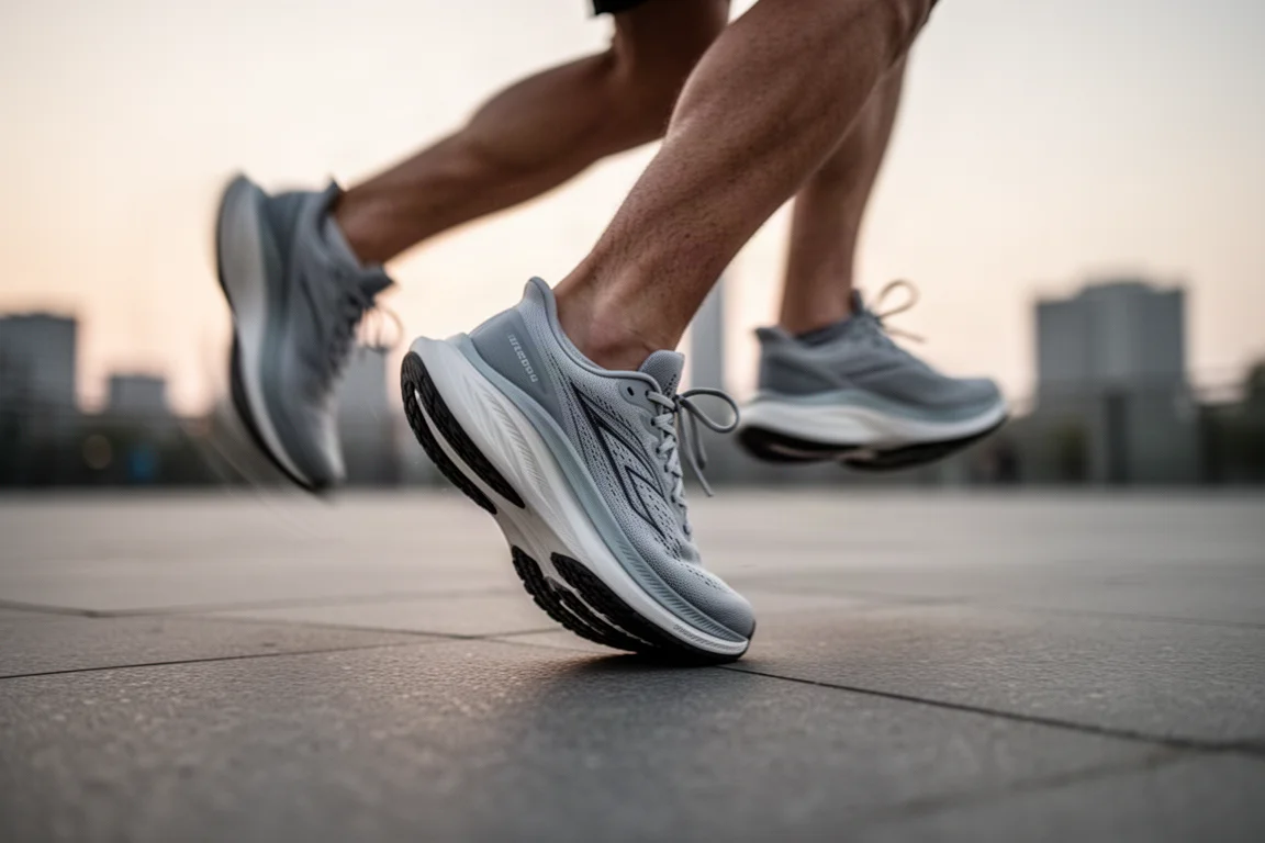 Runner's feet striking pavement in modern road running shoes at dawn