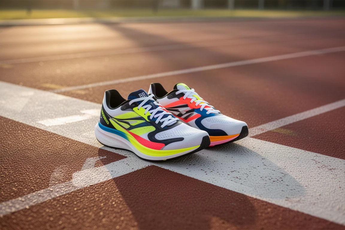 Road running shoes with bold retro colorway resting on a track lane