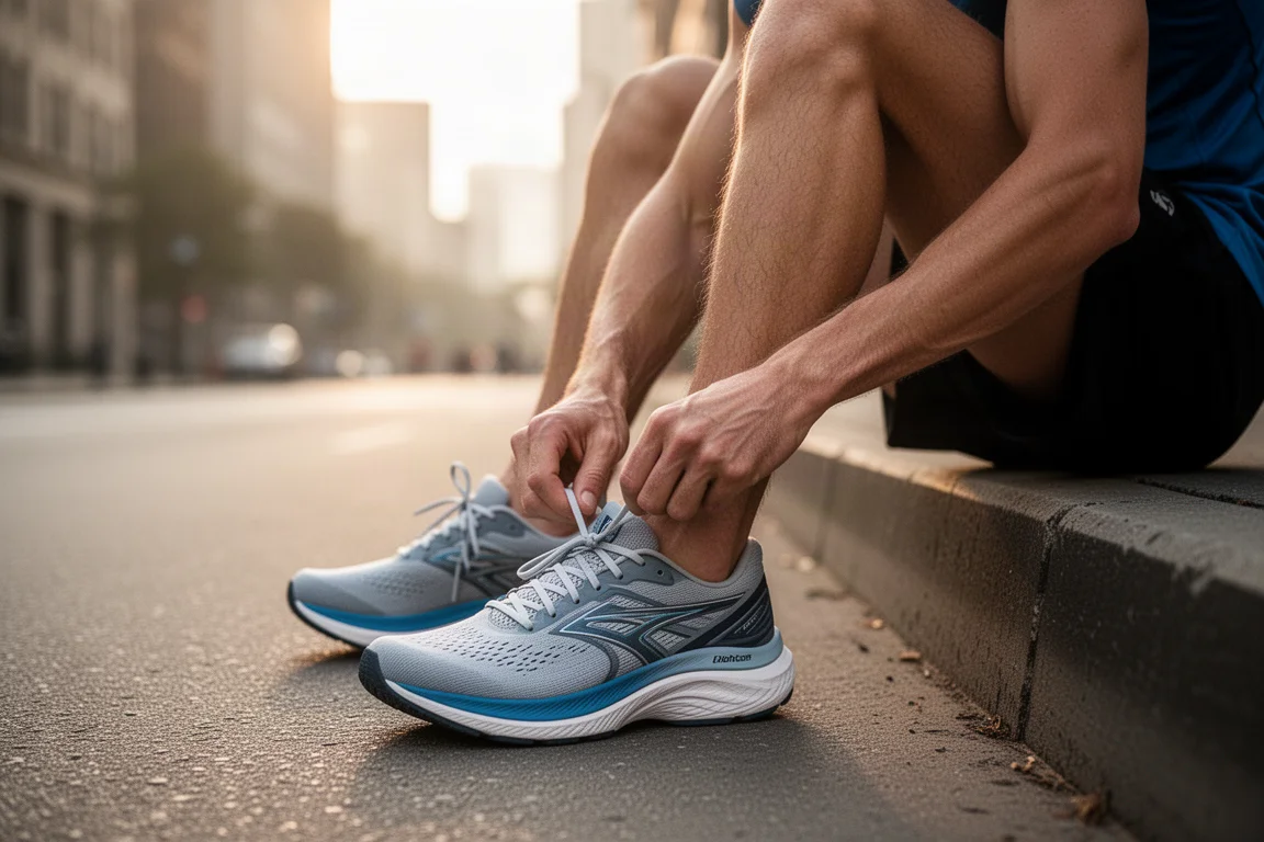 Runner lacing up high-stack trainers at a city curb before a morning run