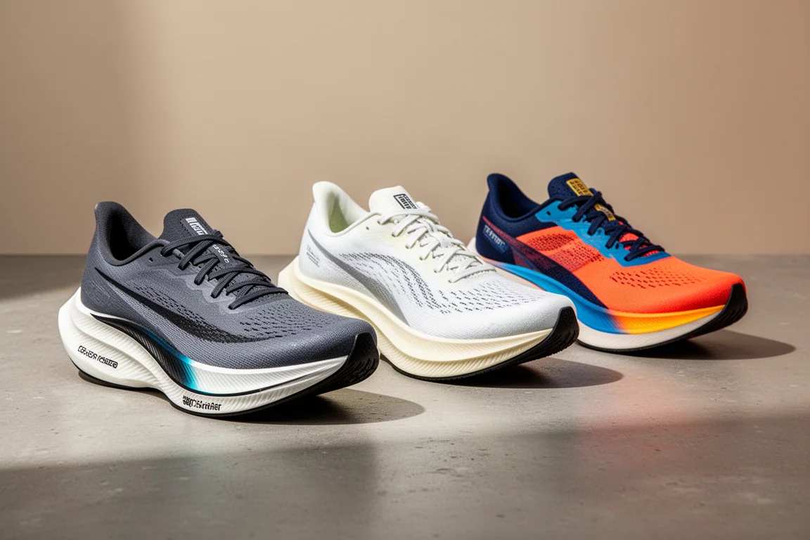 Three modern road running shoes arranged on a concrete surface