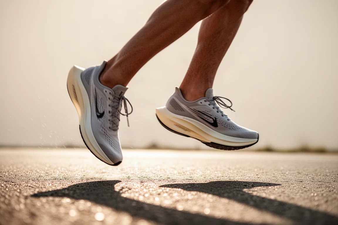 Runner's feet in lightweight racing shoes striking tarmac during a fast training session