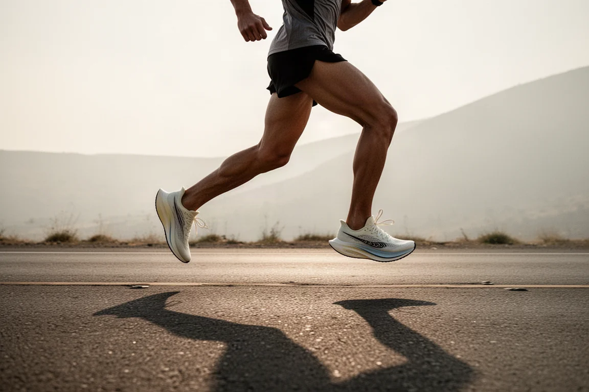 Runner cruising on an open road at half marathon effort under soft evening light