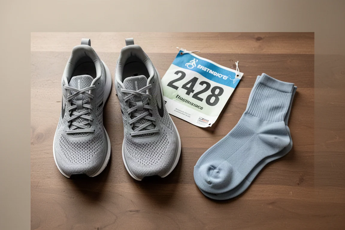 Runner standing on a quiet road tying racing shoes at dawn before a long session