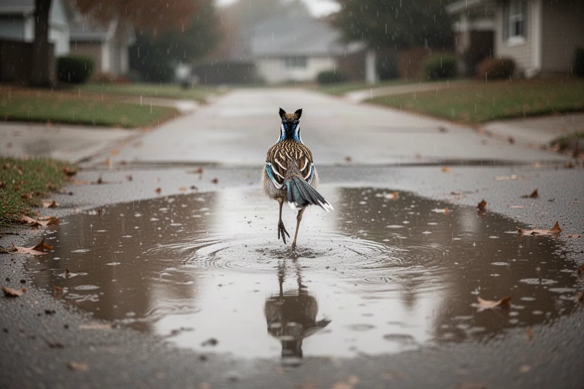 Road runner crossing a wet, puddle-strewn pavement in driving rain