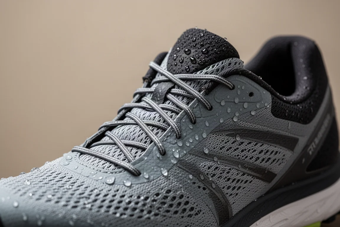 Close-up of a running shoe upper with wet laces and dye transfer