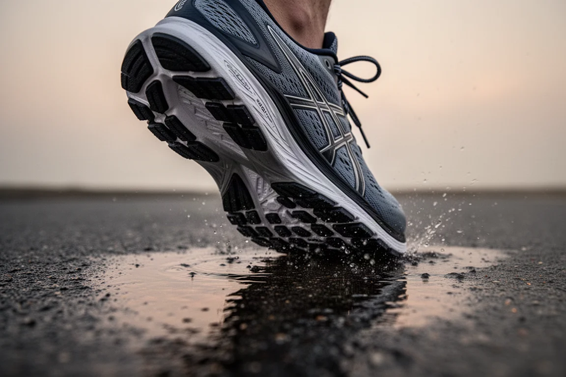 Rubber outsole of a running shoe on glistening wet asphalt