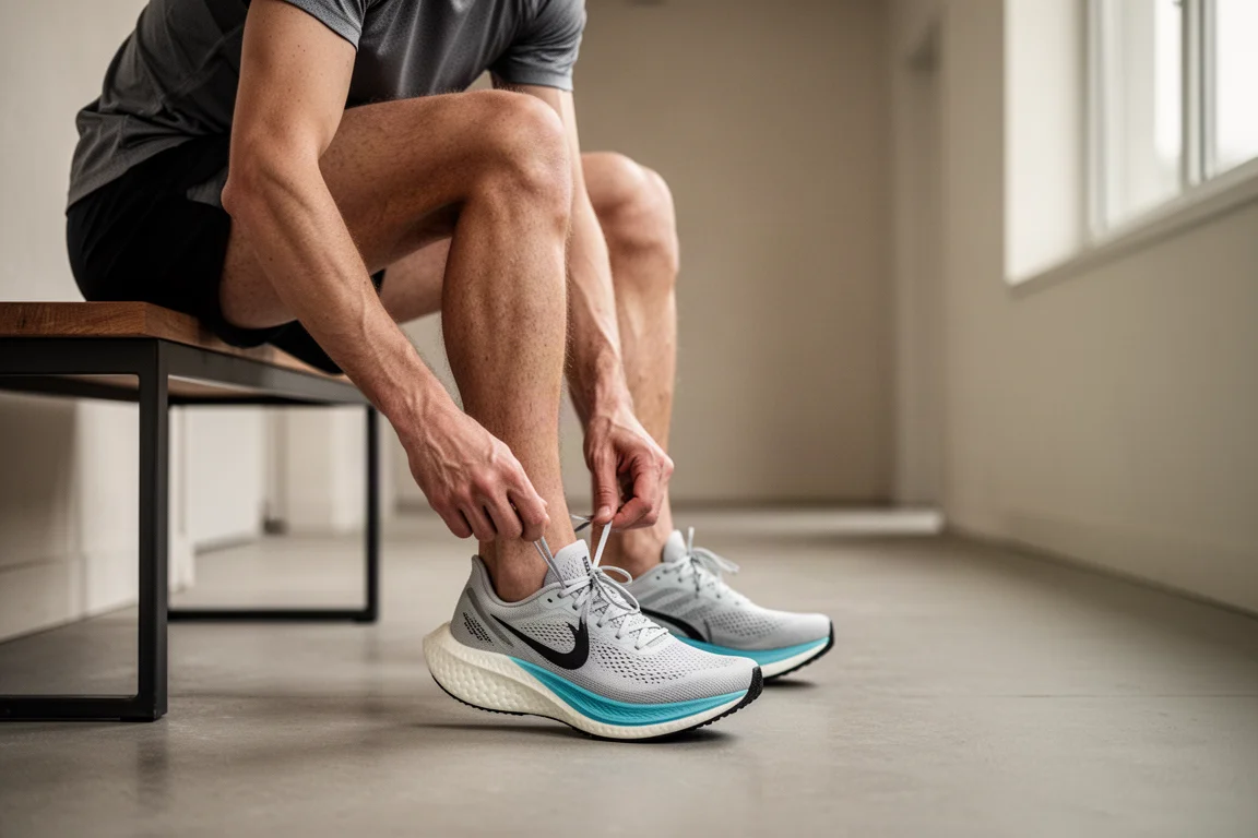 Runner lacing up a lightweight carbon-plated racing shoe before a tempo run