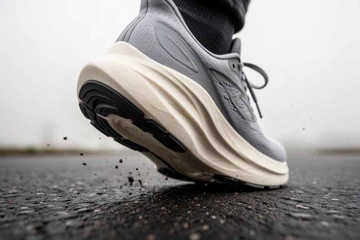 Close-up of a tall, soft foam midsole compressing under footstrike