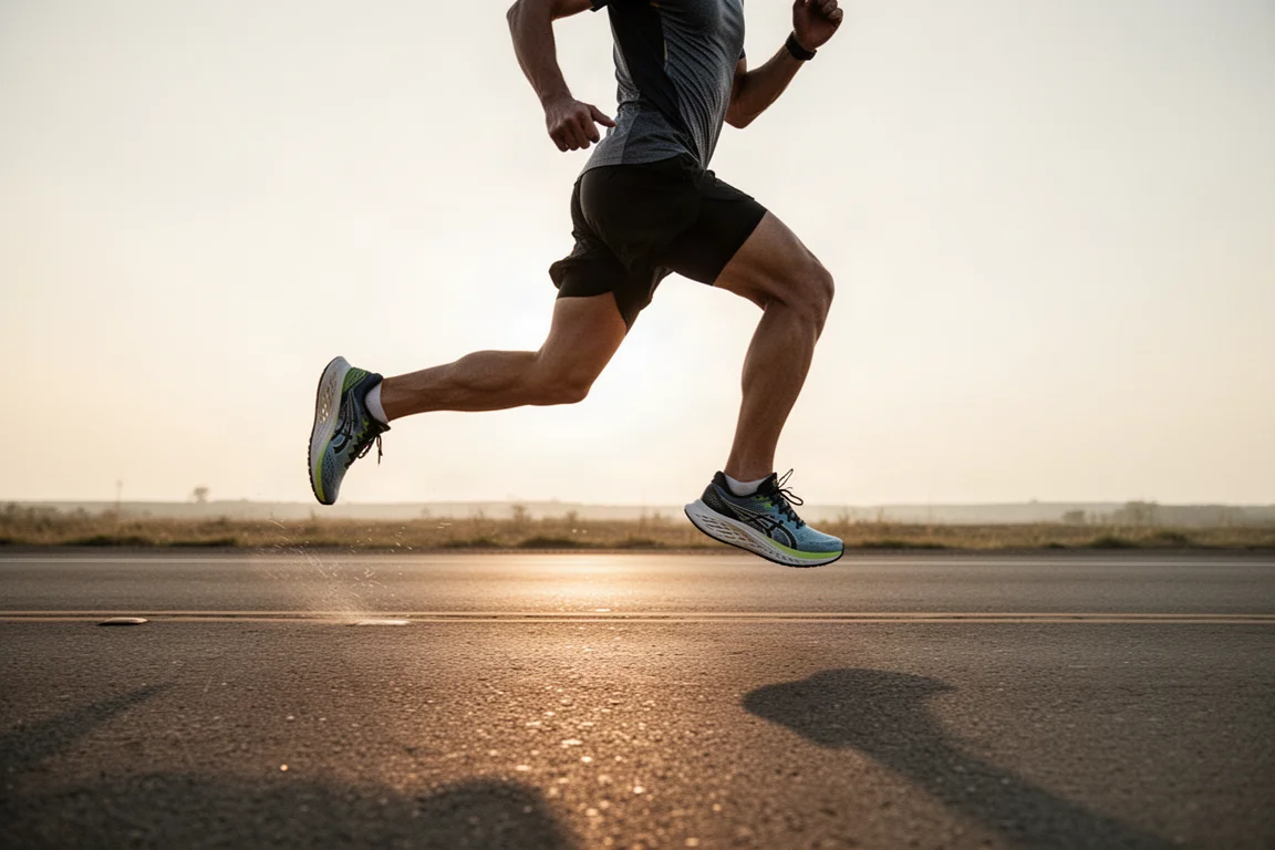 Runner cruising through a fast 10K on an open road at dawn