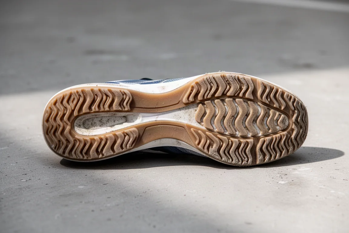 Worn outsole of a racing shoe after 100 miles, tread still intact