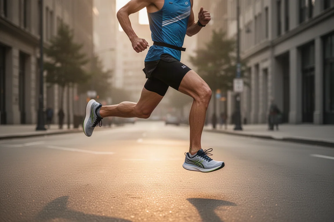 Runner mid-stride on a city street in carbon-plated racing shoes at dawn