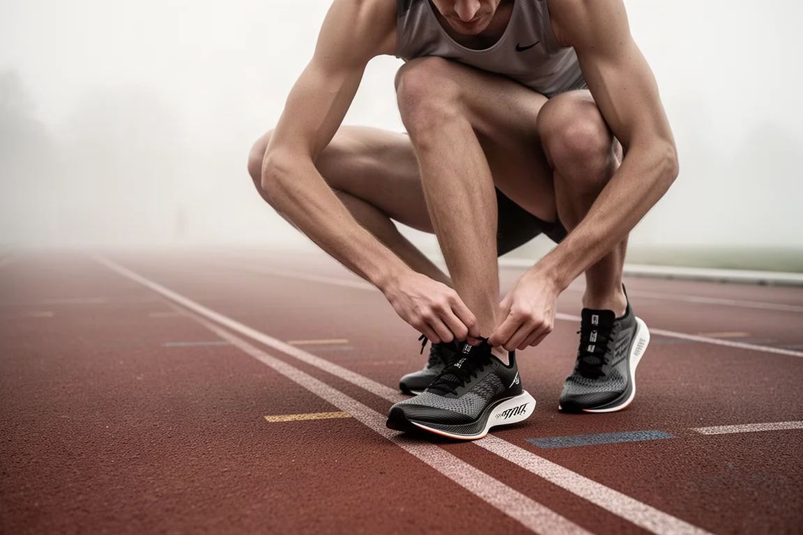 Runner lacing up racing shoes on a track before interval repeats