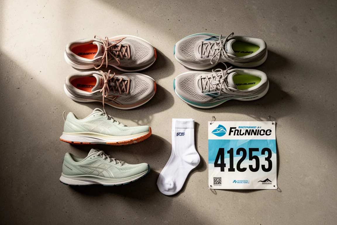 Flat-lay of racing shoes and running gear on concrete surface