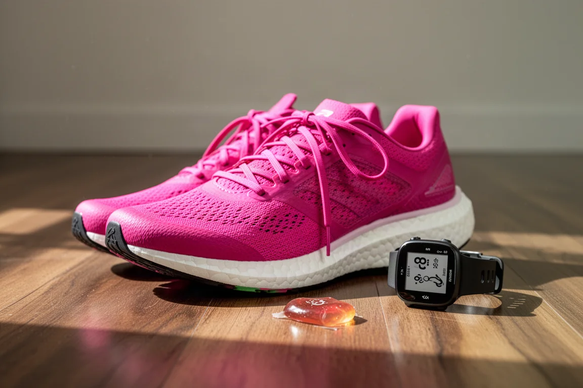 Bold pink racing shoe laced up and ready on the floor beside a running watch