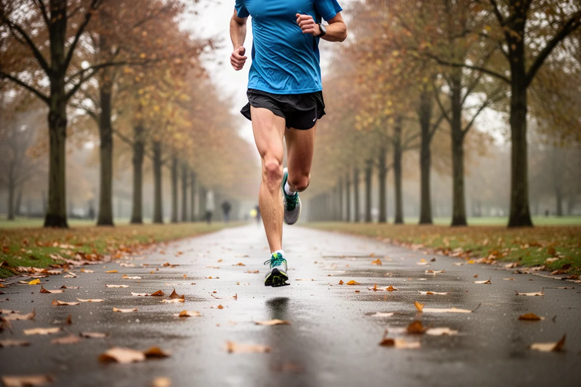 Runner cruising a flat parkrun path lined with autumn trees