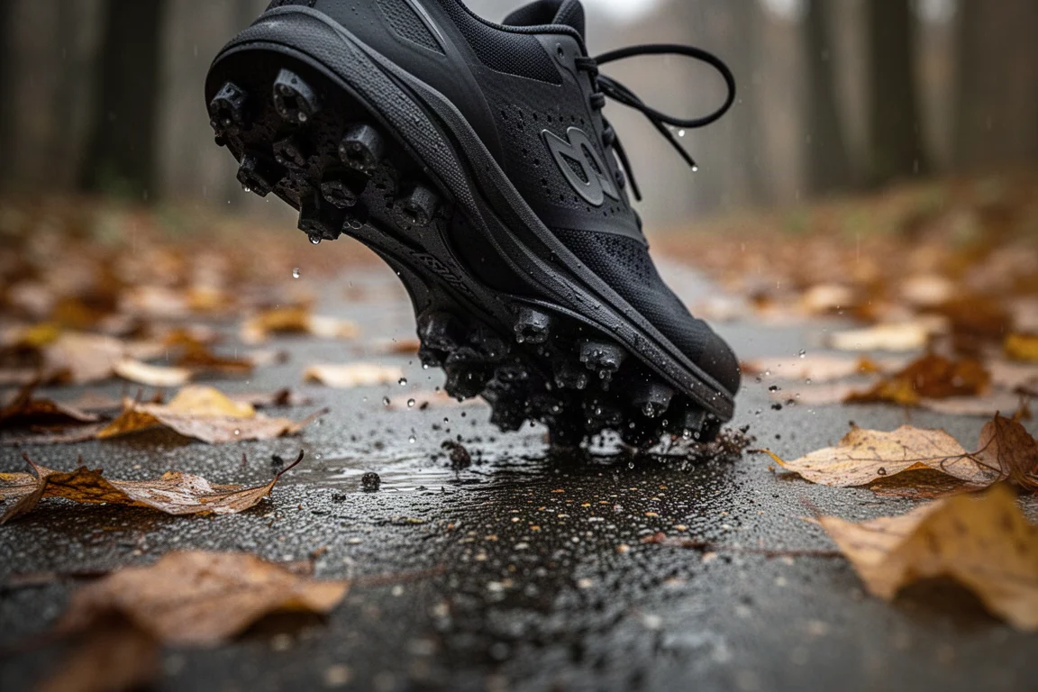 Race shoe outsole gripping wet, leaf-strewn woodland path