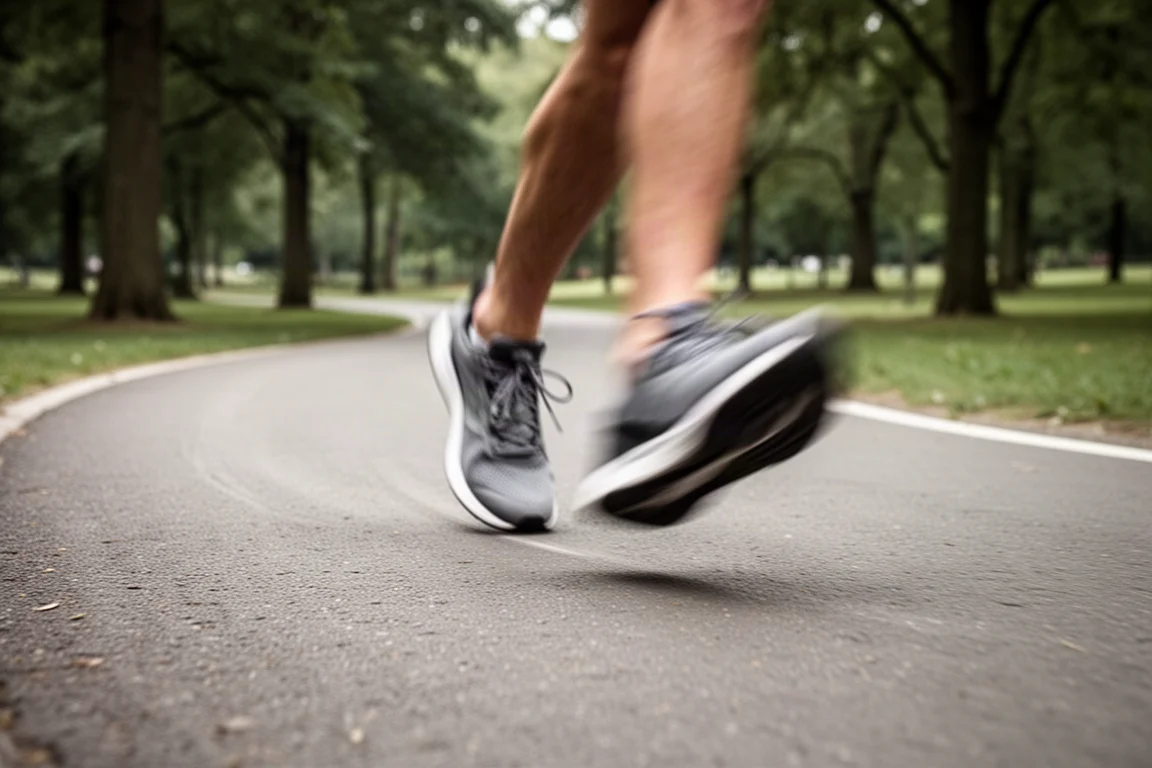Tênis de corrida fazendo uma curva suave em um caminho pavimentado no parque
