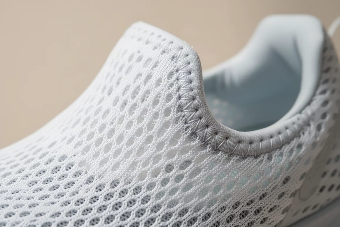Nahaufnahme des leichten Mesh-Obermaterials eines Laufschuhs mit offener Webstruktur