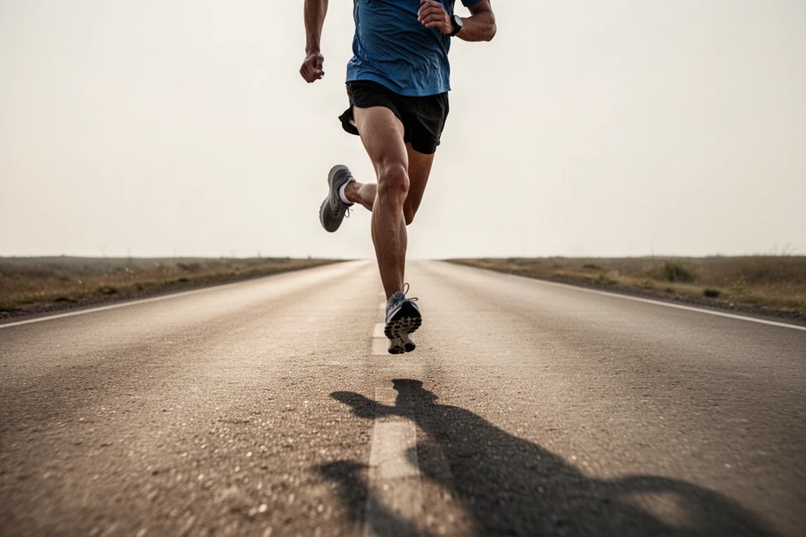 Läufer beim Lauf auf Asphalt im Tempo eines Halbmarathons