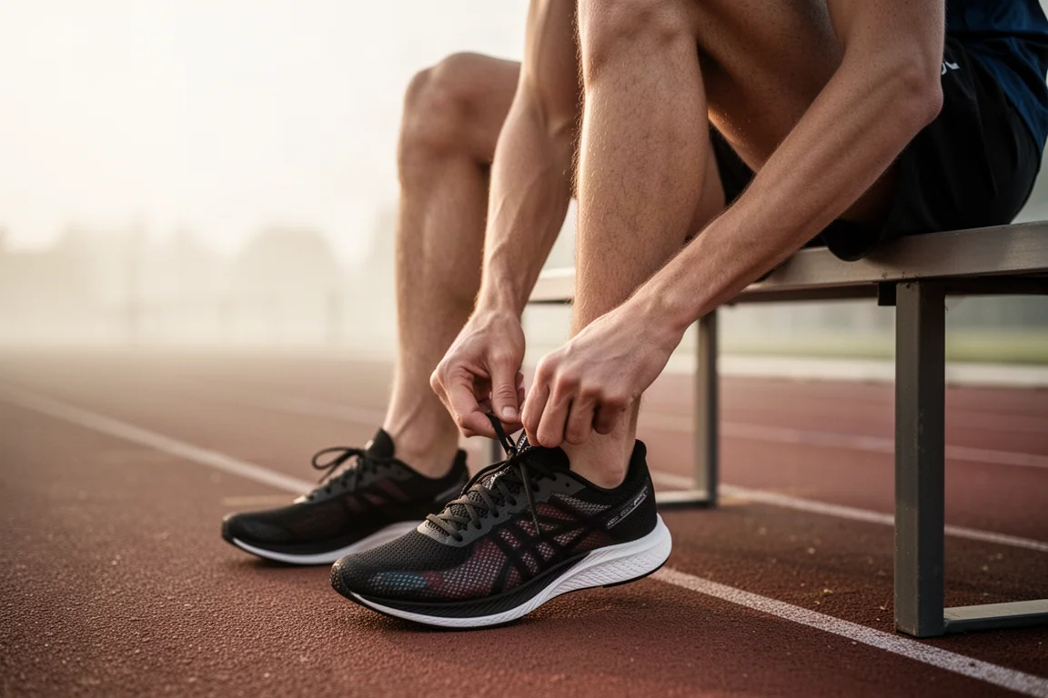 Gros plan sur une tige de chaussure de running en mesh translucide avec de petits orifices de ventilation