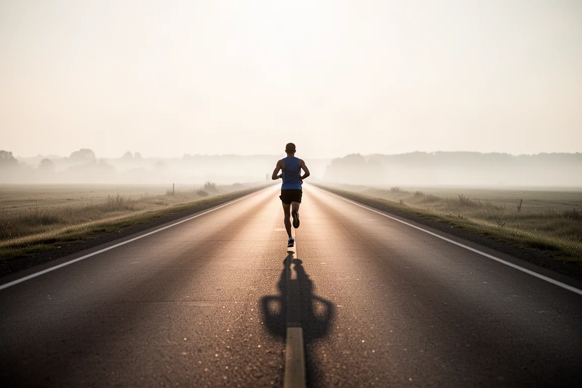 Coureur partant pour une longue sortie sur une route calme bordée d'arbres