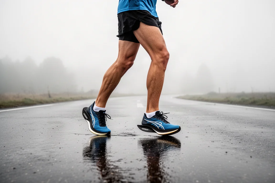 Loper die op de finish staat na een lange marathoninspanning op nat wegdek