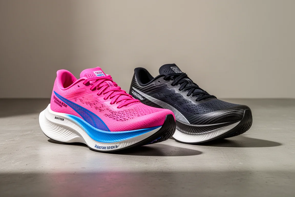 Saucony Endorphin Pro 4 and Pro 3 racing shoes side by side on concrete